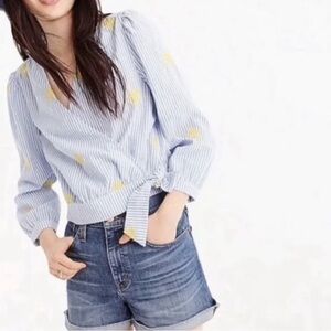 J. Crew Blue Striped Wrap Blouse with Yellow Pineapple Embroidery